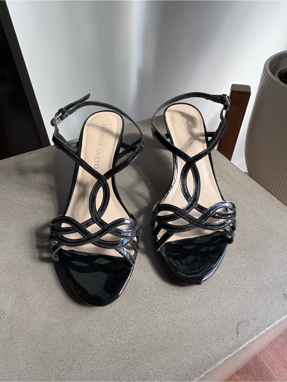 Franco Sarto Black Patent Strappy Kitten Heels